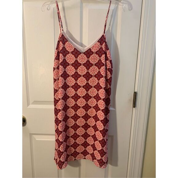 LULUS SLIP DRESS SPAGHETTI STRAPS V NECK BOHO CORAL/RED/WHITE OFFICE SIREN SZ L - Picture 13 of 13